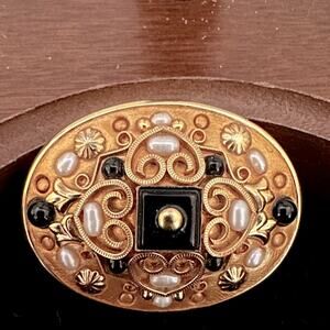 Vintage 1970s Michal Golan oval brooch w hearts, and crystals, stone detail